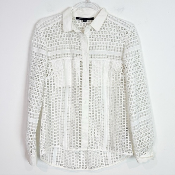 FRENCH CONNECTION WHITE EYELET
 LACE LONG SLEEVE BLOUSE WOMENS SZ XXS - Picture 3 of 7